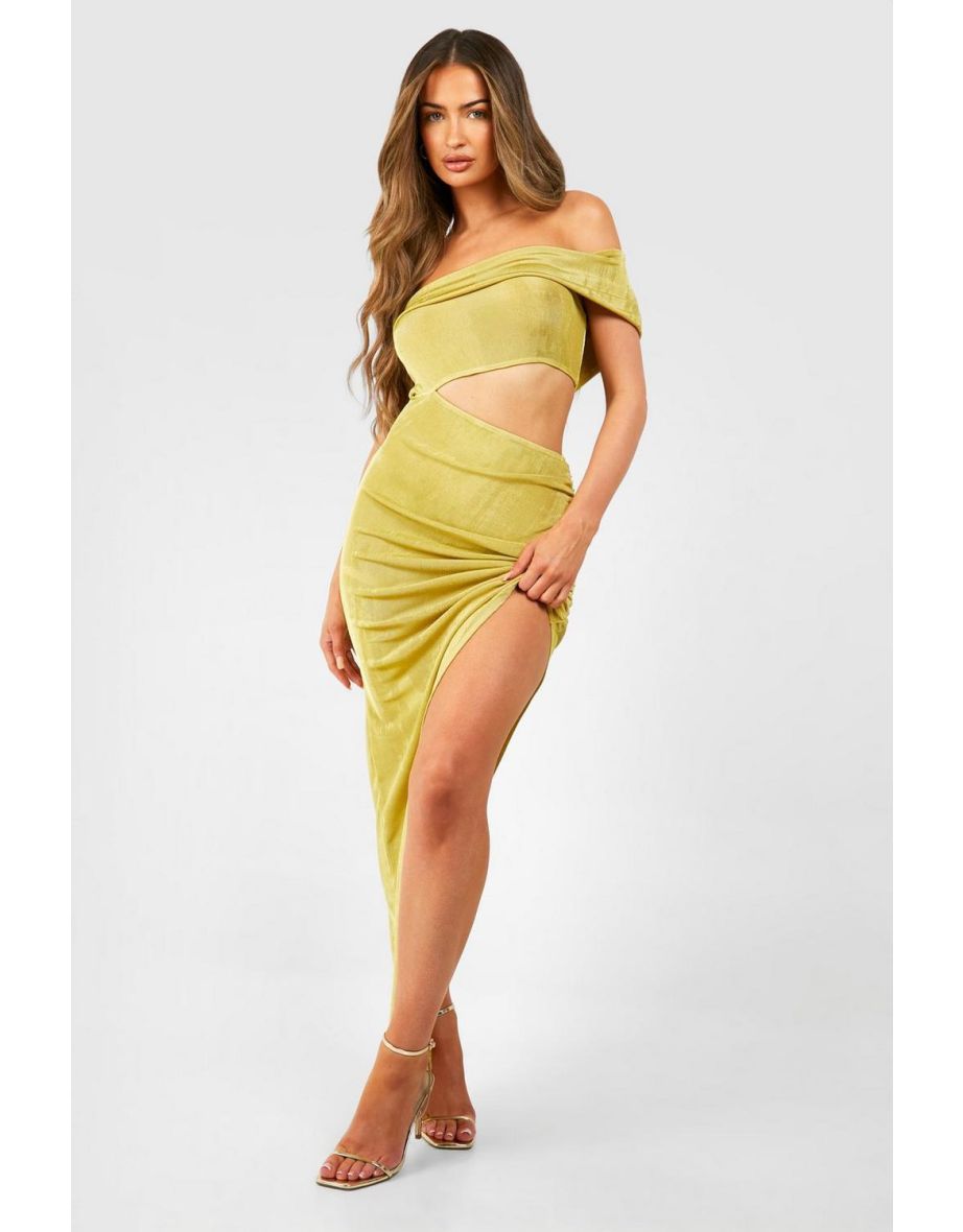 Shop Bardot Cut Out Ruched Acetate Slinky Split Leg Maxi Dress olive Online in Bahrain VogaCloset