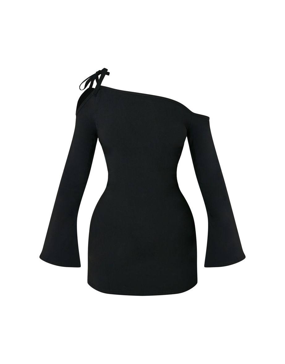 Petite Black Asymmetric One Shoulder Flared Sleeve Shift Dress - 4