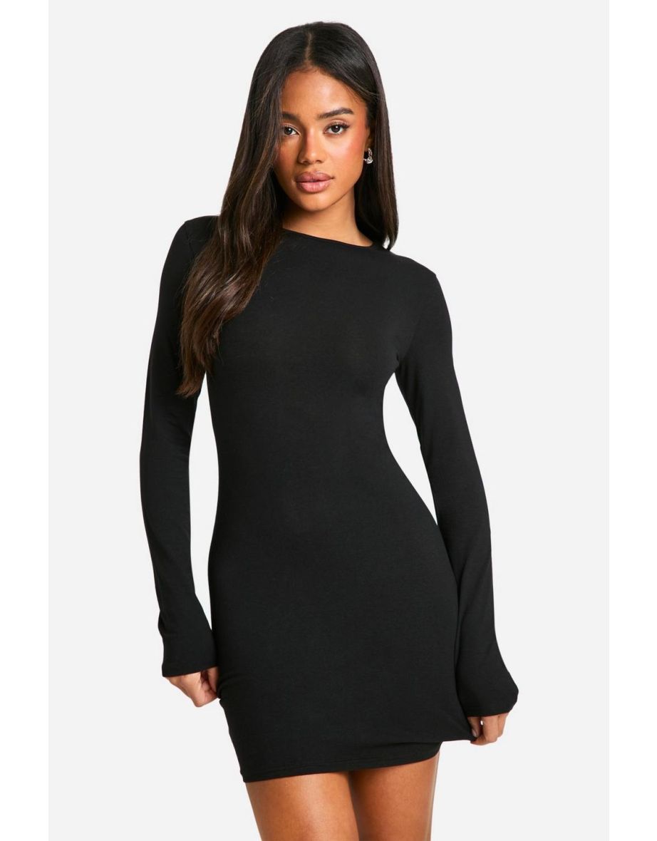 Basic Cotton Long Sleeve Bodycon Mini Dress - black