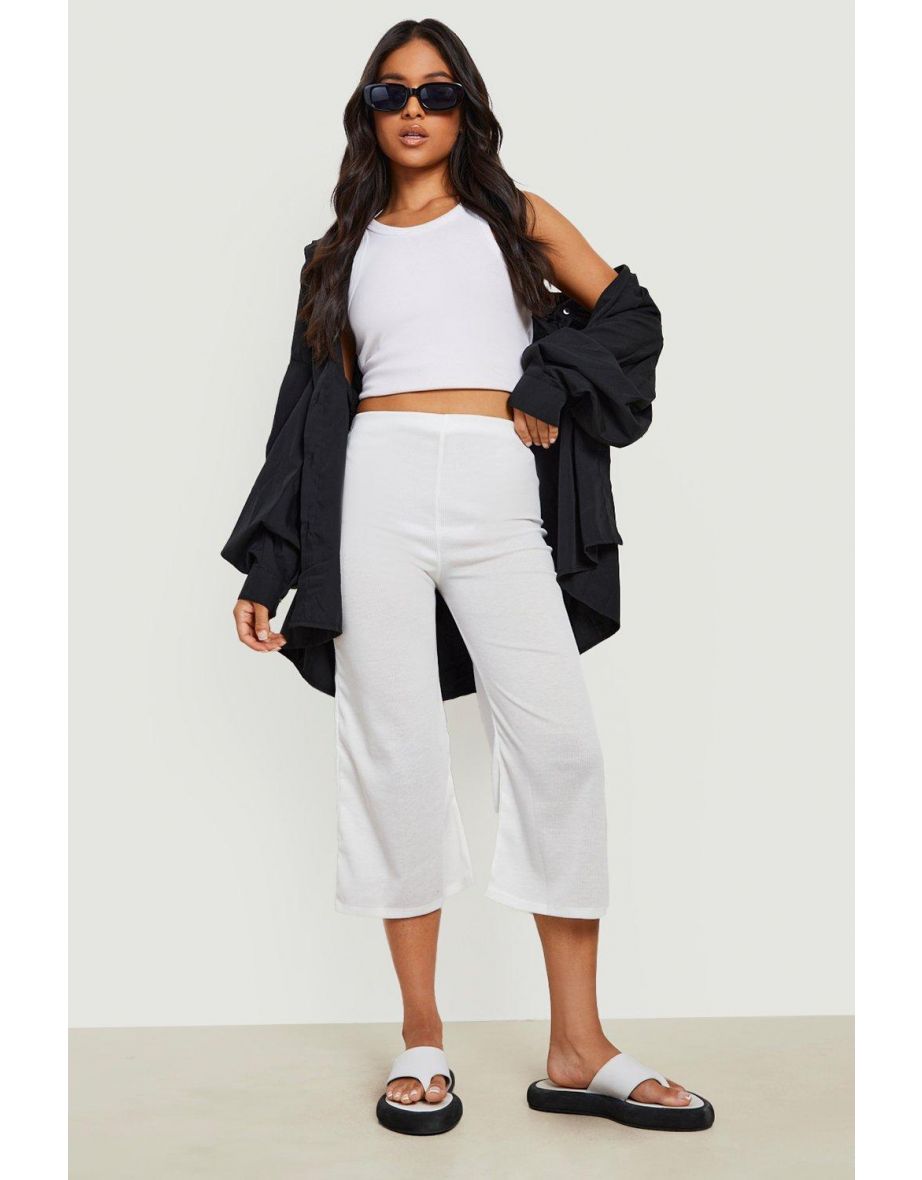 Petite Rib Wide Leg Culottes - white