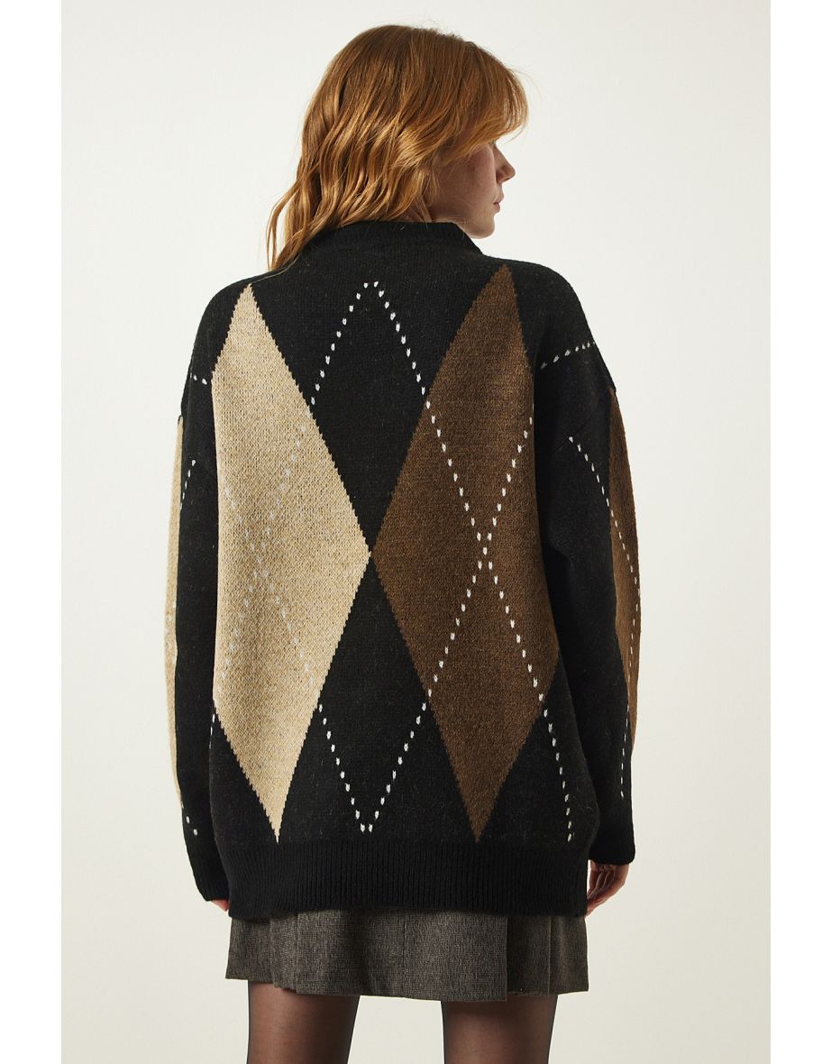 Black Cream Premium Diamond Pattern Oversize Knitwear Sweater - 4