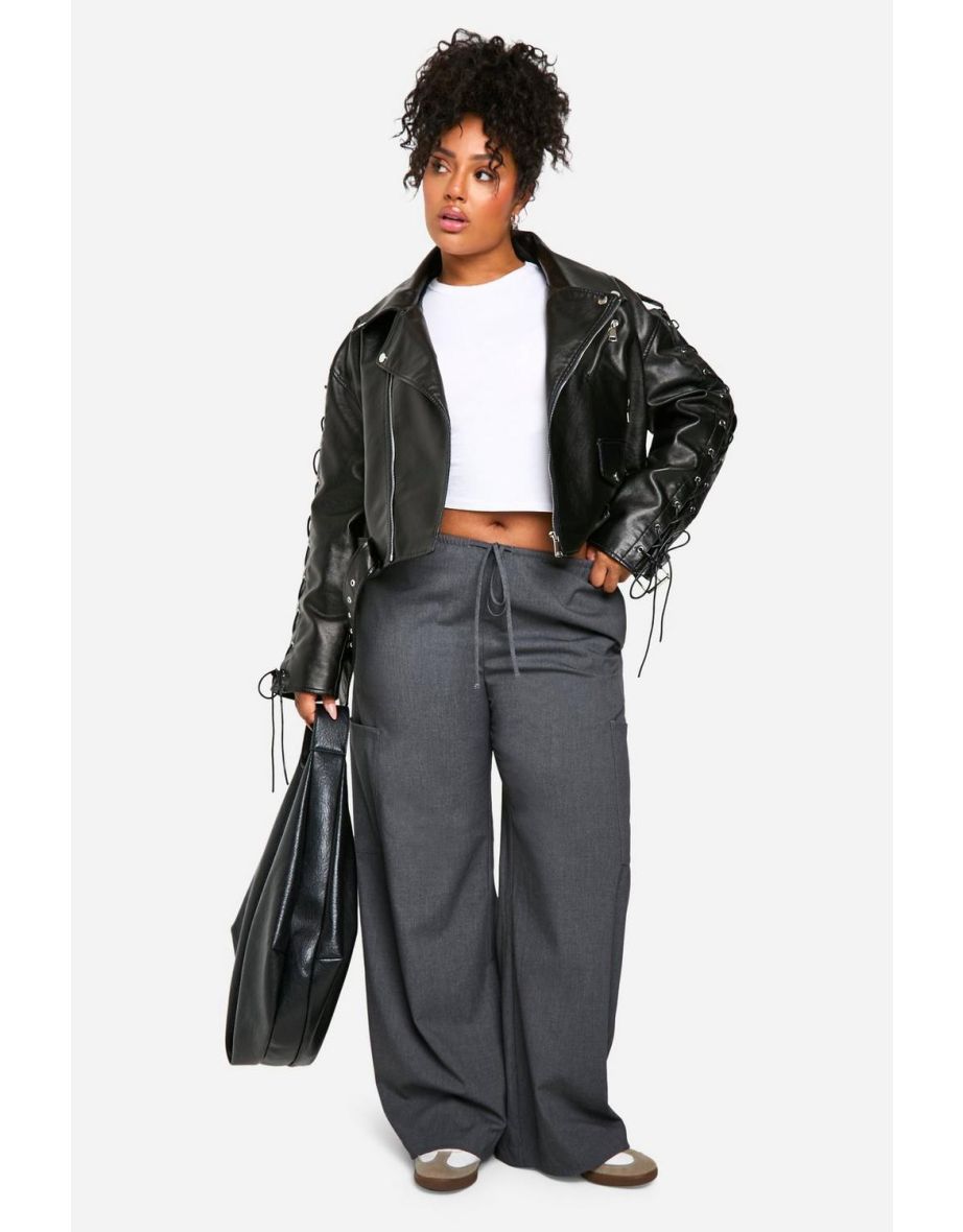 Plus Lace Up Detail Oversized Faux Leather Biker Jacket
