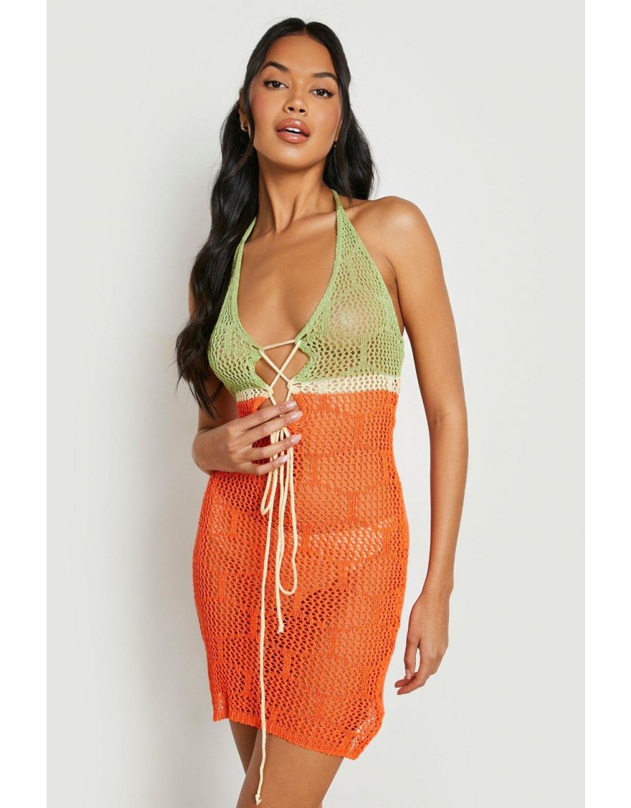 Crochet Halter Neck Colour Block Dress - orange