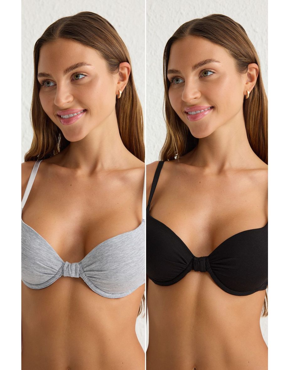 Black-Grey 2-Pack Cotton Rope Strap Covered T-Shirt Bra Knitted Bra