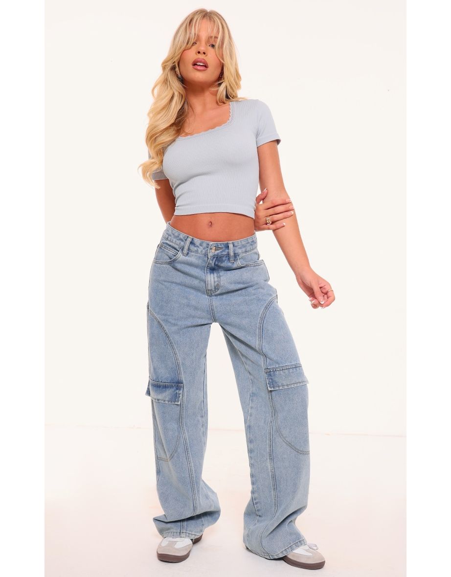 Grey Marl Lace Trim Contour Rib T Shirt