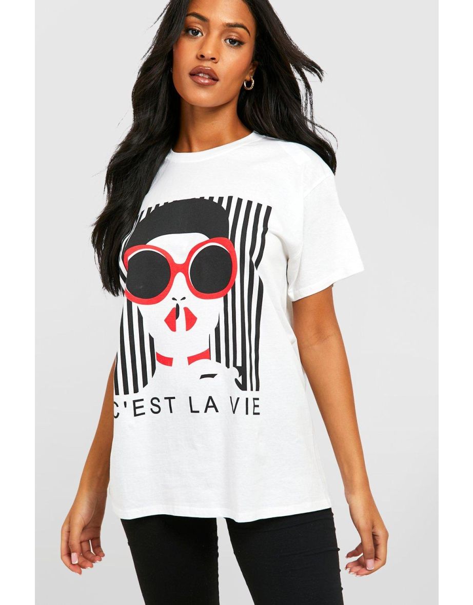Tall French Slogan Face Print T-Shirt - white - 3