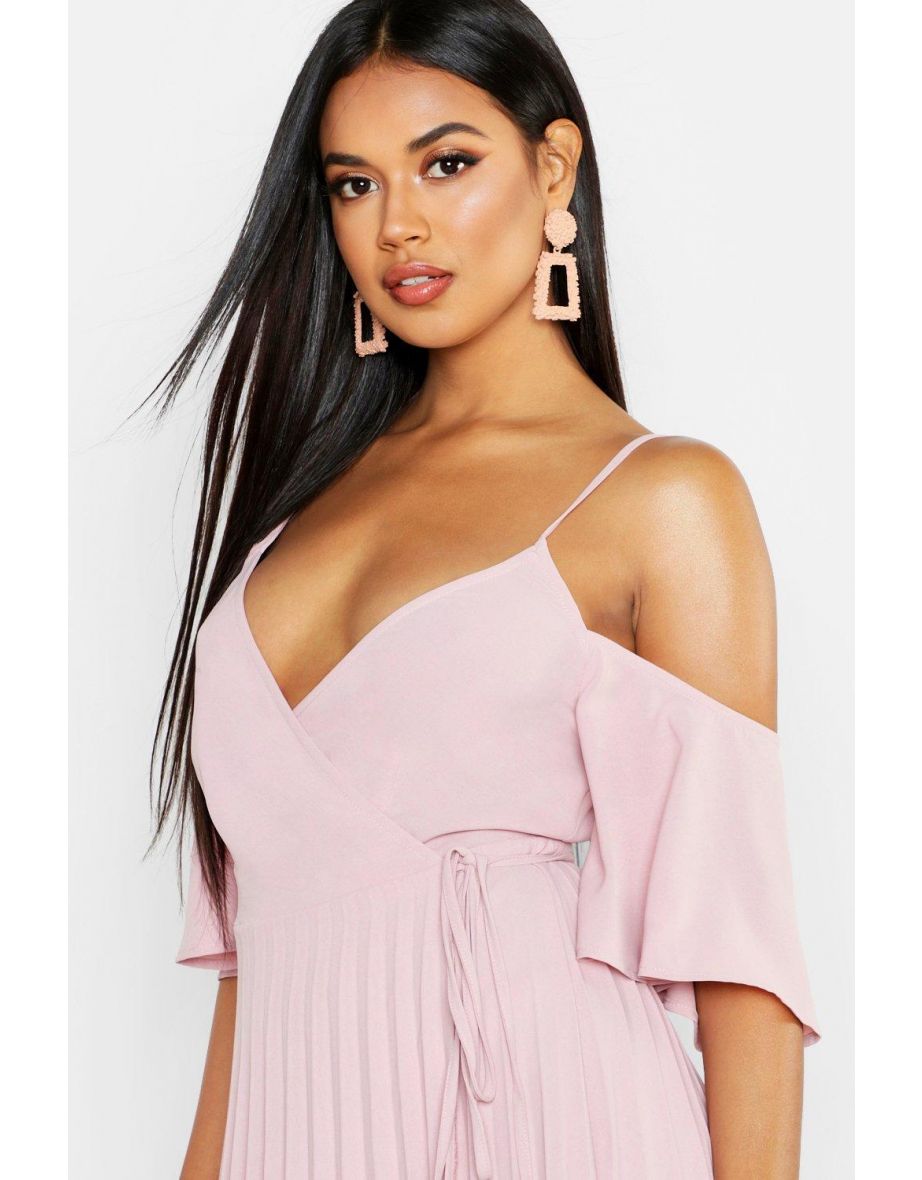 Woven Cold Shoulder Pleated Midi Skater Dress - blue - 3