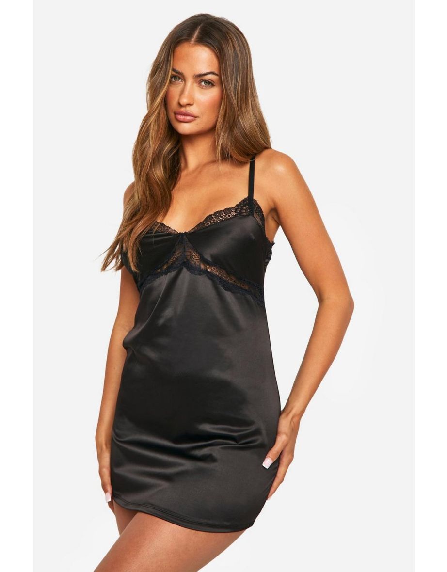Satin And Lace Detail Chemise - black