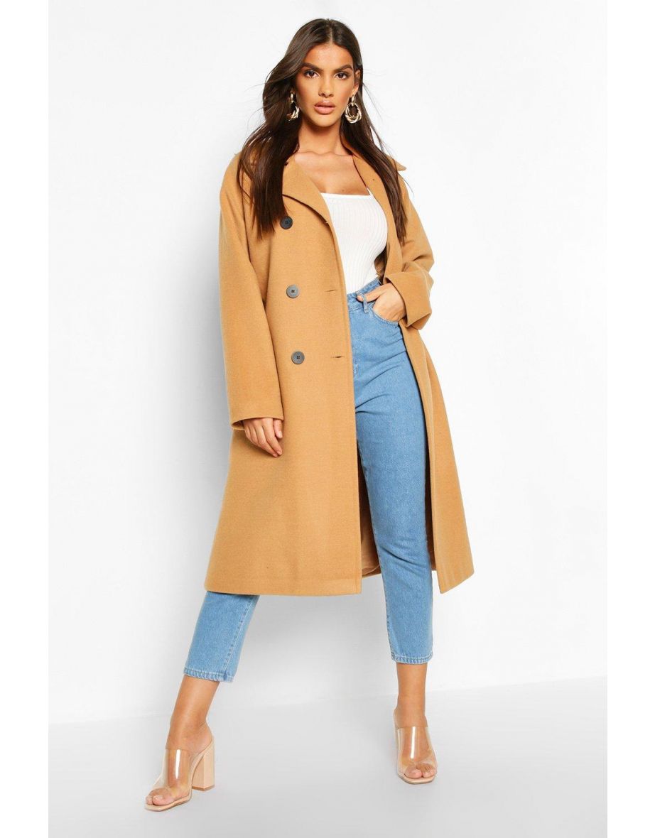 Double Breasted Belted Wool Look Coat - camel - 3
