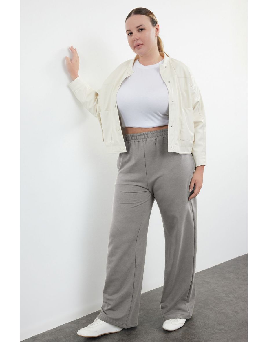 Grey Melange Wide Cut Thin Knit Plus Size Sweatpants