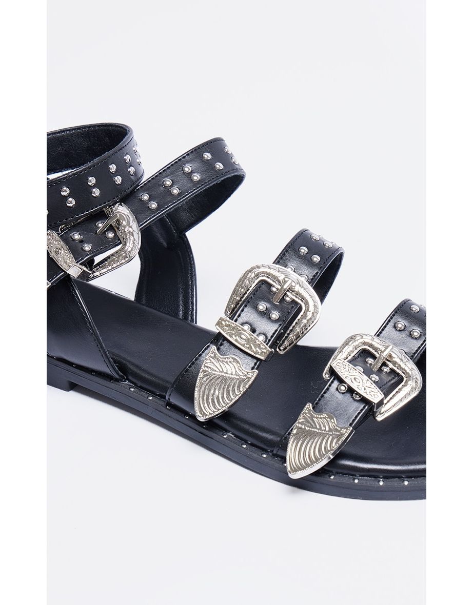 Black PU Round Toe Studded Buckle Detail Gladiator Sandals - 3