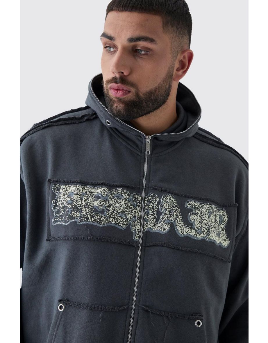 Plus Oversized Boxy Applique Eyelet Zip Through Loopback Hoodie - charcoal - 2