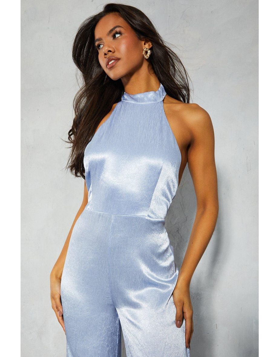 Textured Satin Halterneck Low Back Wide Leg Jumpsuit - 3