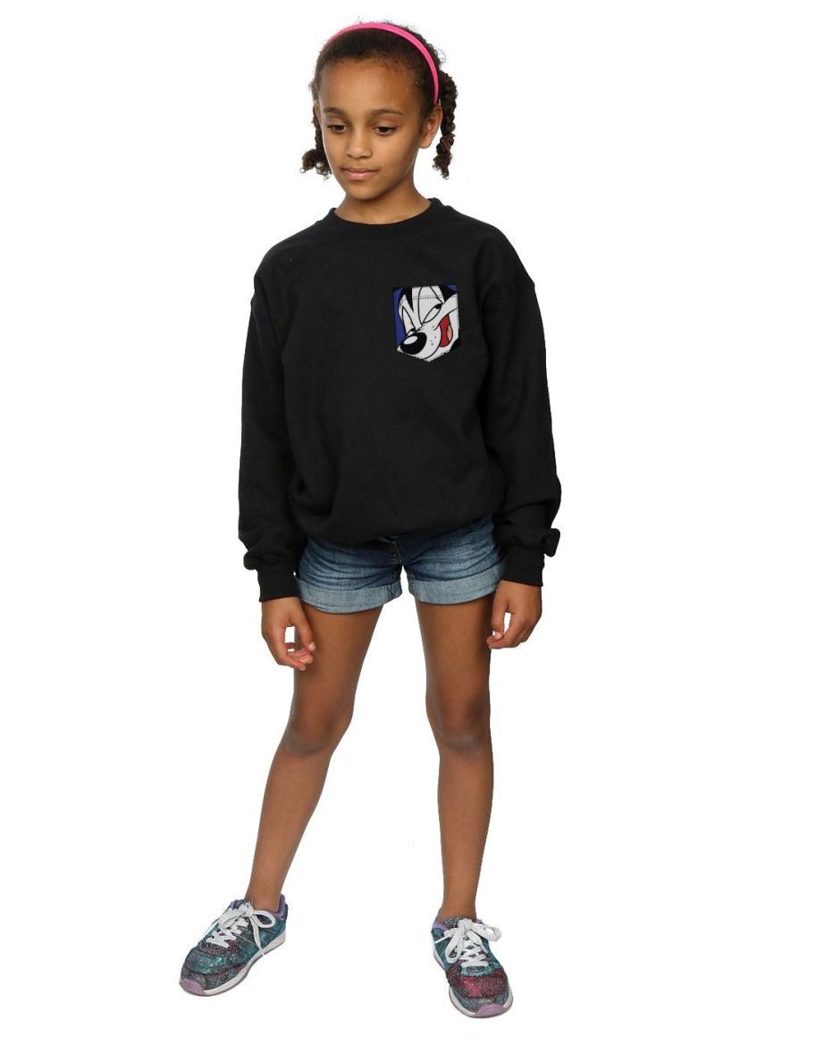 Looney Tunes Girls Pepe Le Pew Face Faux Pocket Sweatshirt - Black - 3