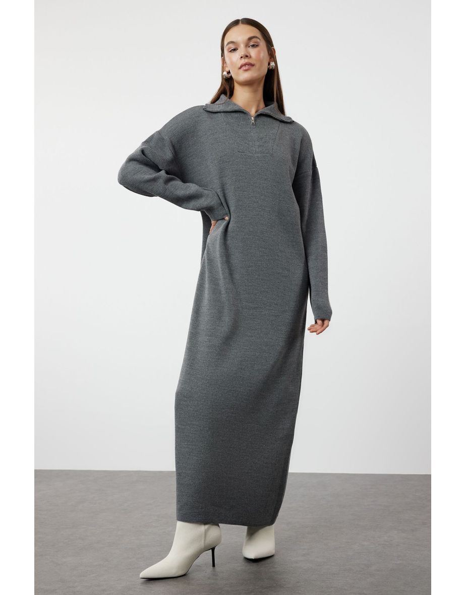Smoked Collar Zippered Knitwear Dress