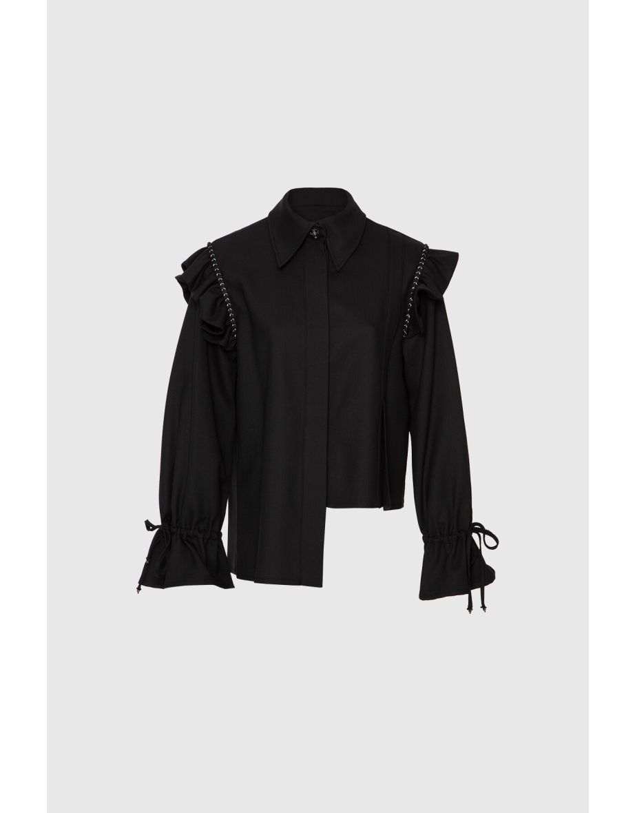 Asymmetrical Cut Black Shirt with Flounce Detail on the Sleeves