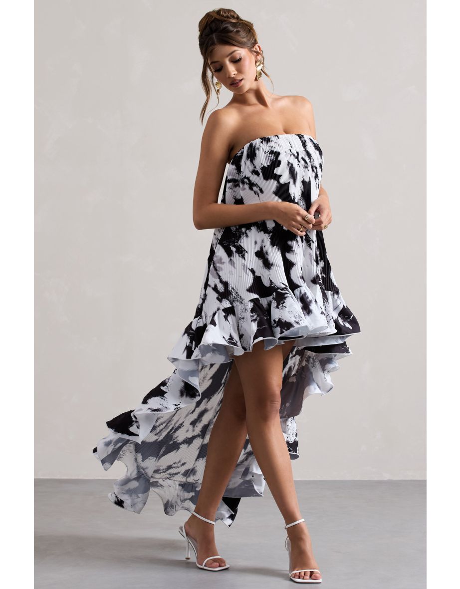 Whistler | Monochrome Floral Chiffon Bandeau High-Low Ruffled Maxi Dress - 4