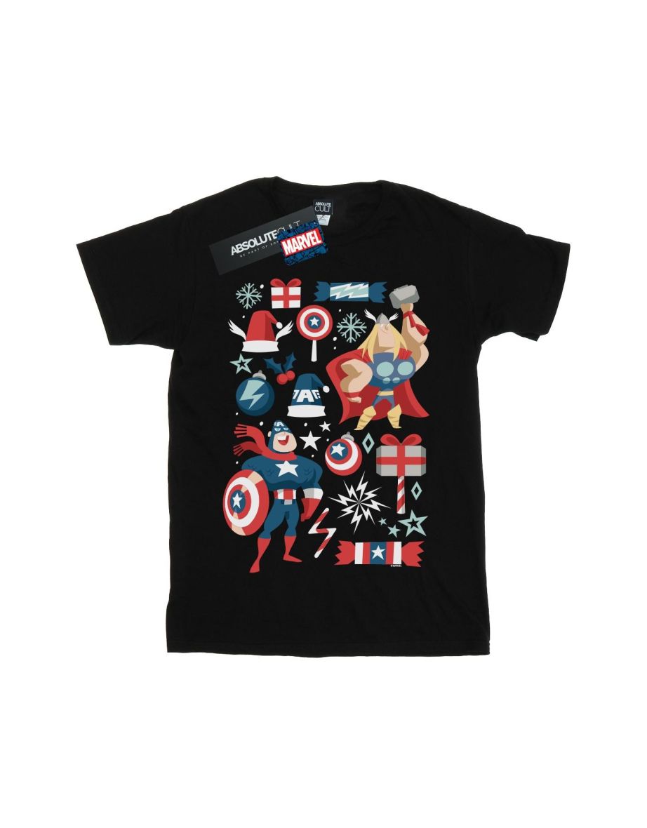 Marvel Mens Thor And Captain America Christmas Day T-Shirt - Black - 1