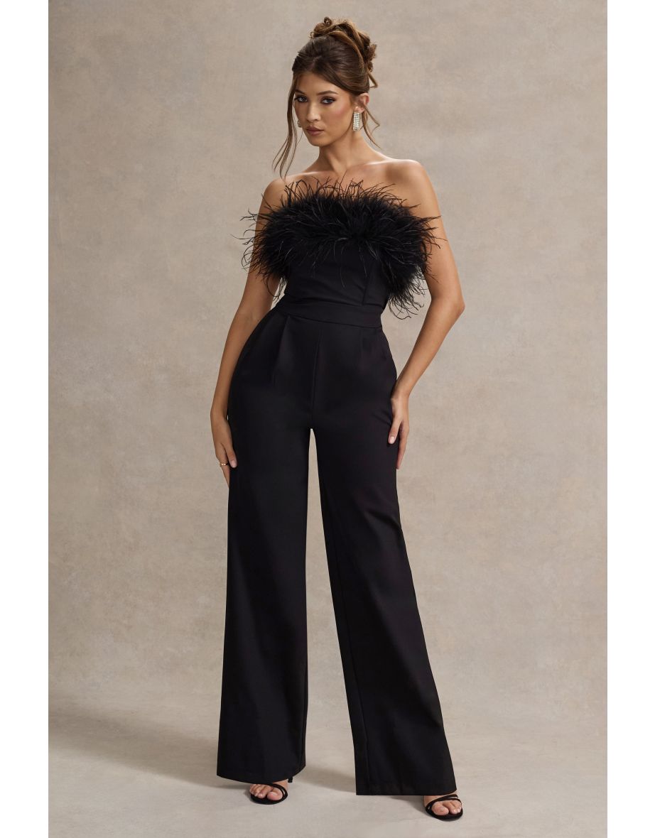 Delta | Black Feather Bandeau Wide-Leg Jumpsuit
