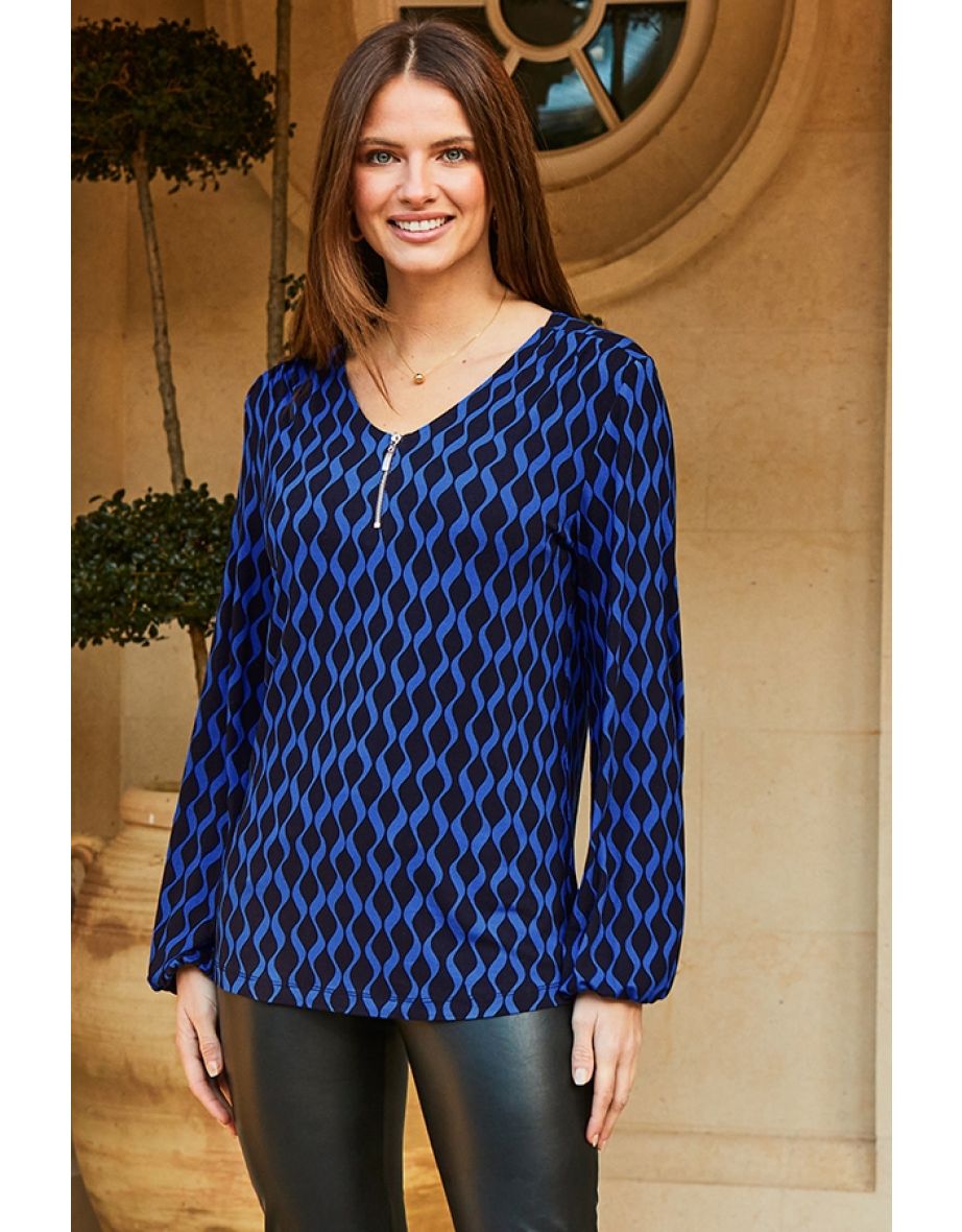 Blue Geometric Print Zip Neck Jersey Top