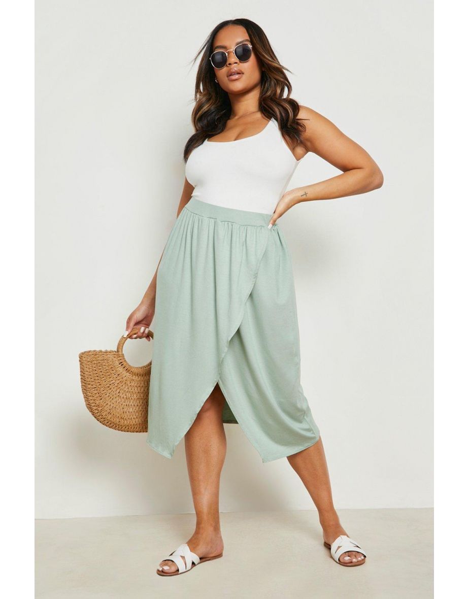 Plus Jersey Wrap Midi Skirt - sage