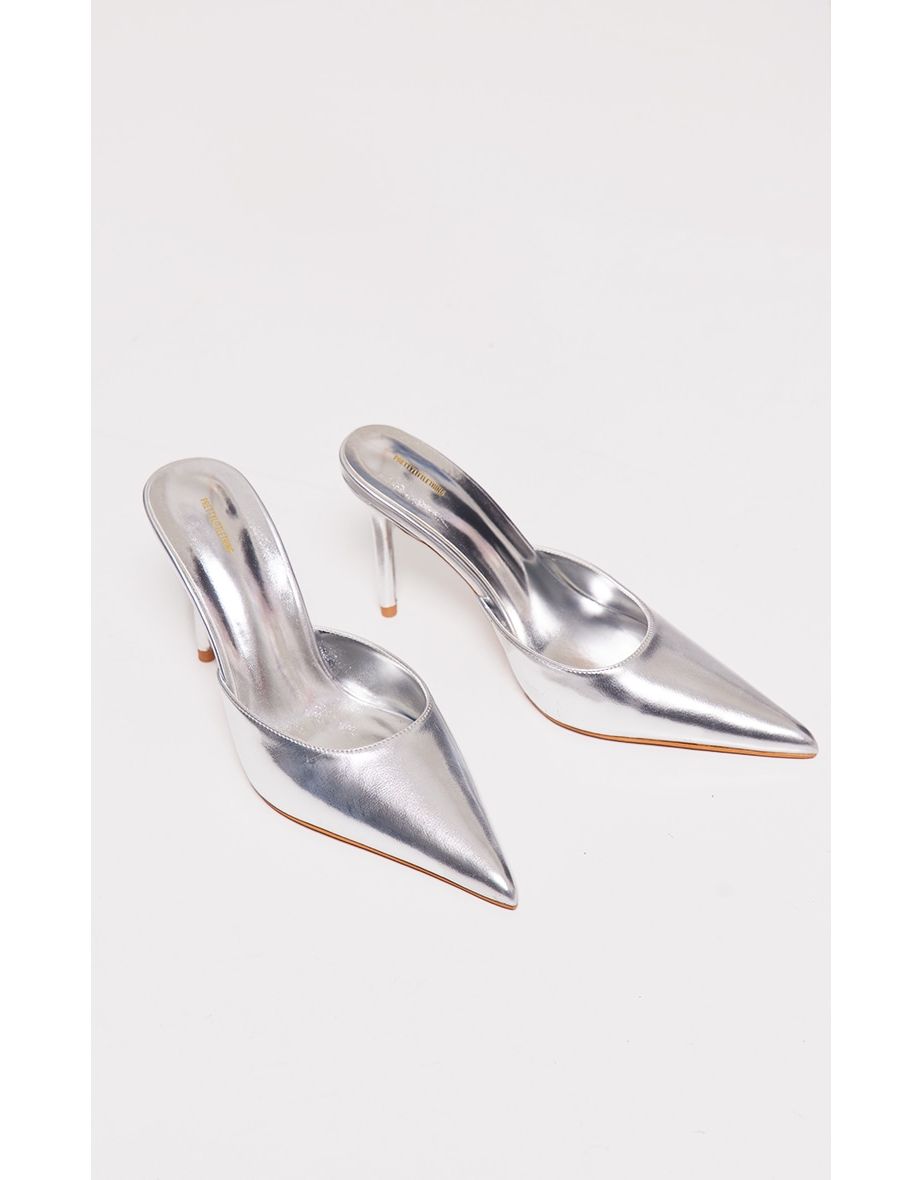 Silver Metallic PU Point Toe High Heeled Court Mules - 3
