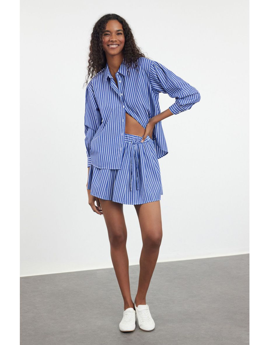 Blue Elastic Waist Corded Striped Mini Length Woven Skirt