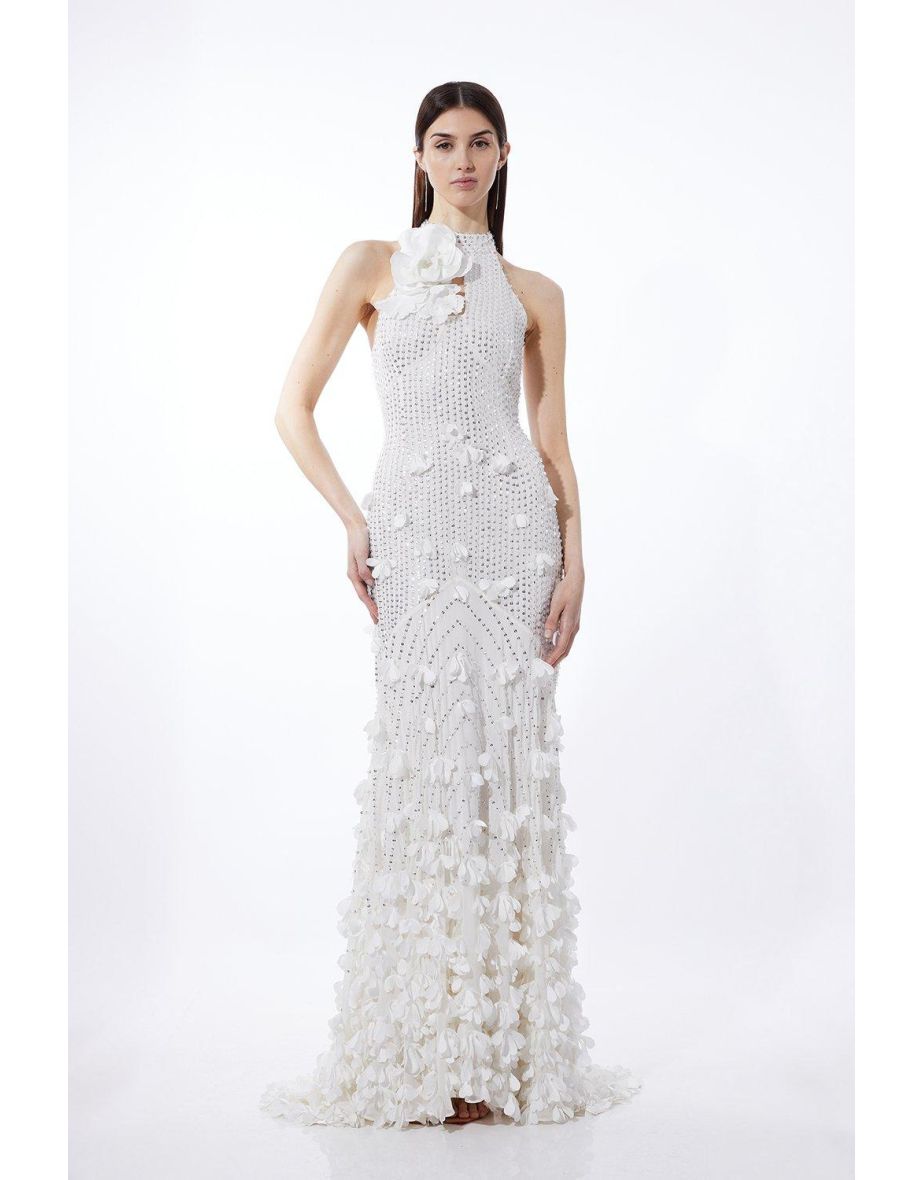 Floral Applique Crystal Embellished Woven Floor Rosette Maxi Dress