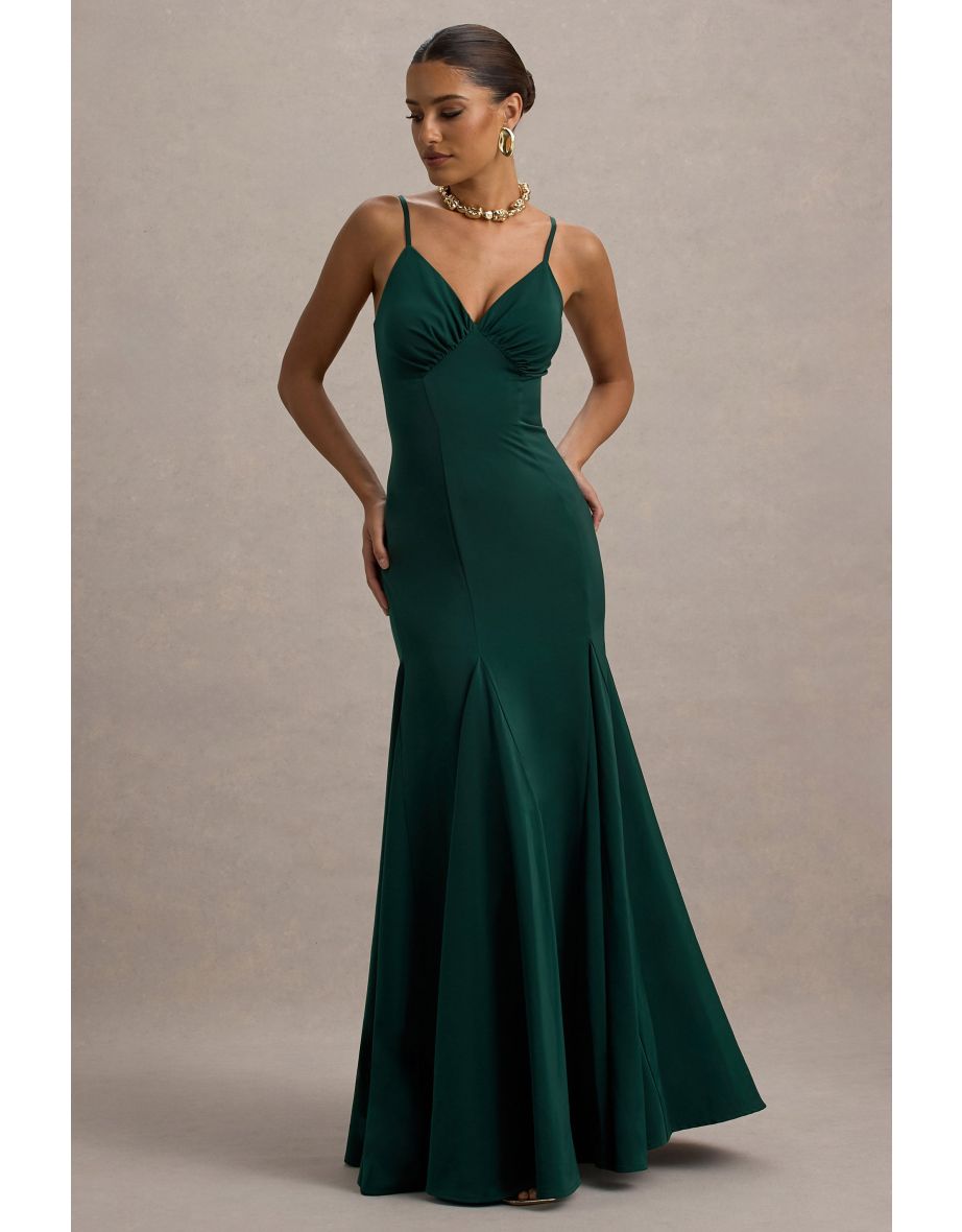 Ashly | Bottle Green Satin Maxi Dress With Volume Hem