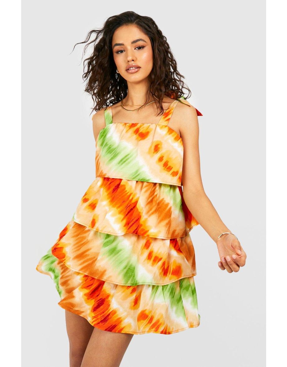 Tie Dye Strappy Tiered Mini Dress - multi