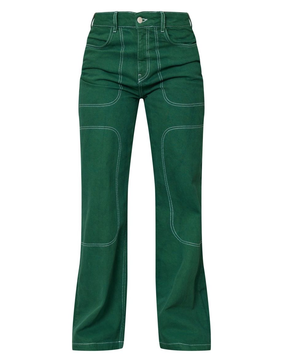 Forest Green Contrast Stich Wide Leg Jean - 4