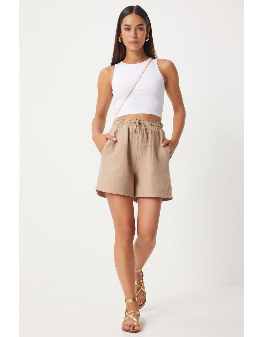 Women's Beige Pocket Muslin Shorts