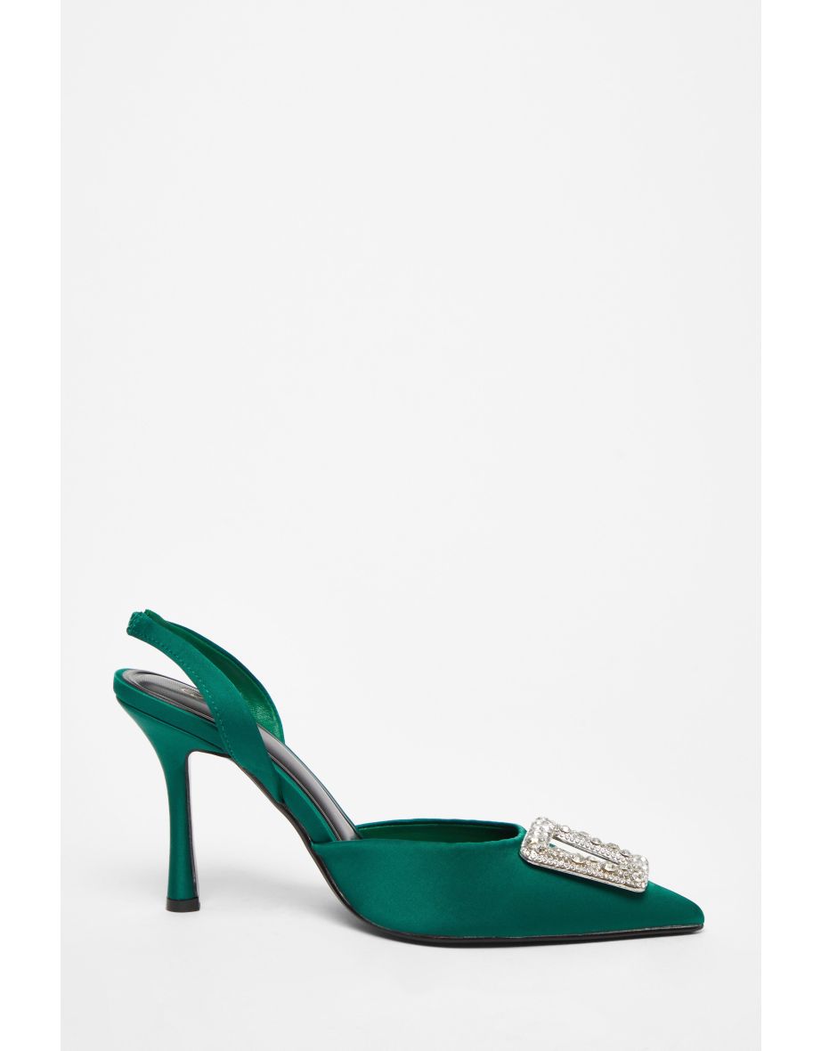 Green Satin Brooch Court Heels - 4