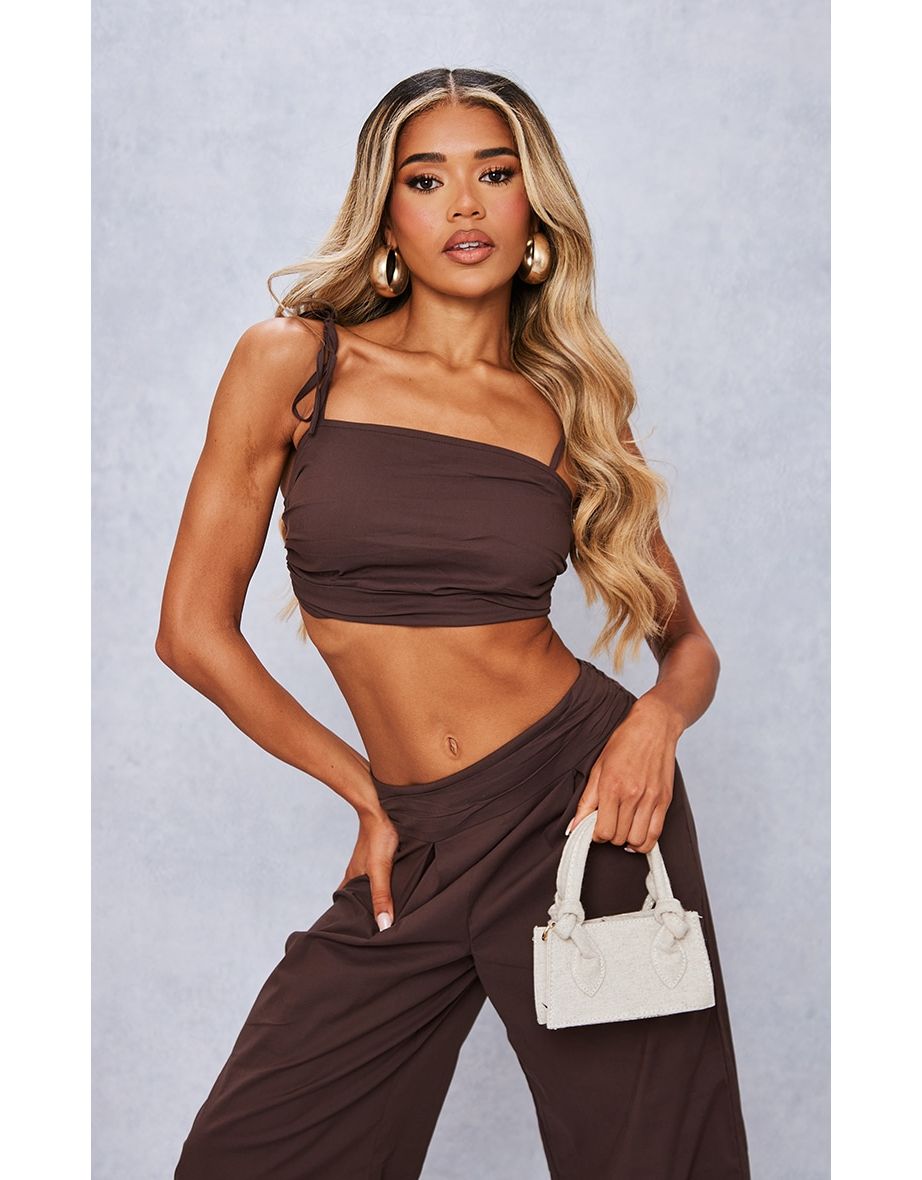 Dark Brown Ruched Tied Strap Crop Top