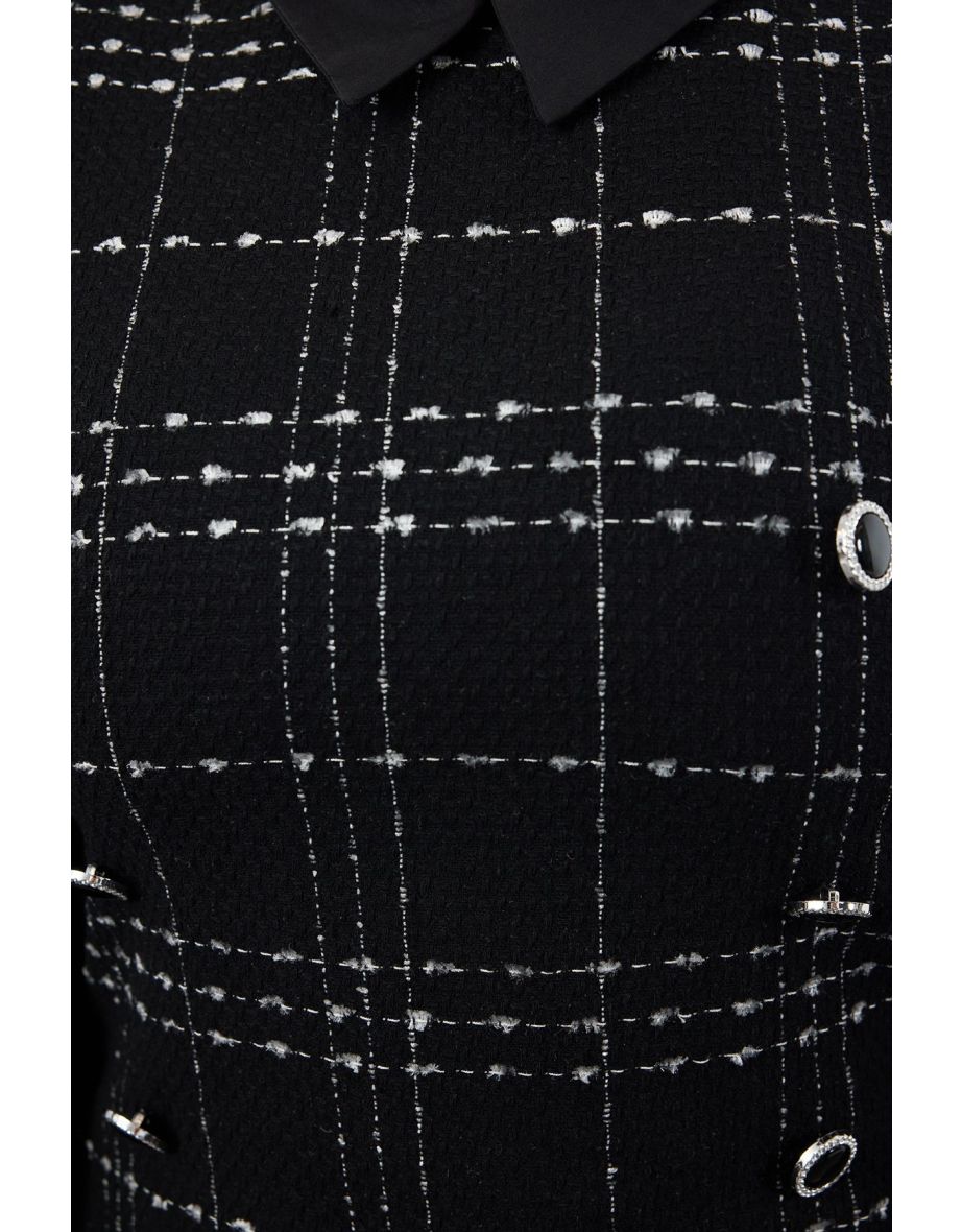 Black Shirt Collar Plaid-Plaid Mini Tweed Dress - 6