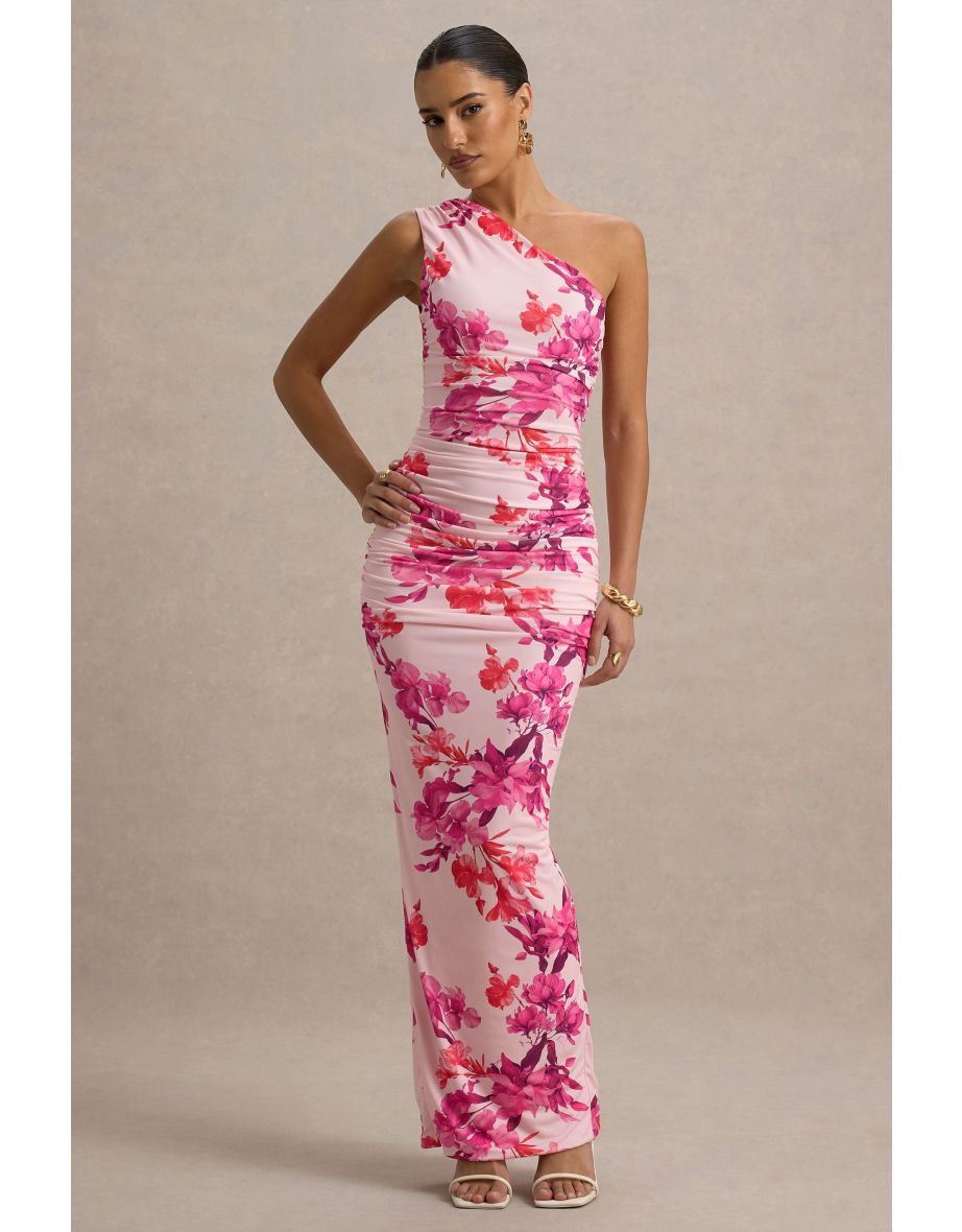 Dalarie | Pink and Orange Floral Print One-Shoulder Gathered Maxi Dress