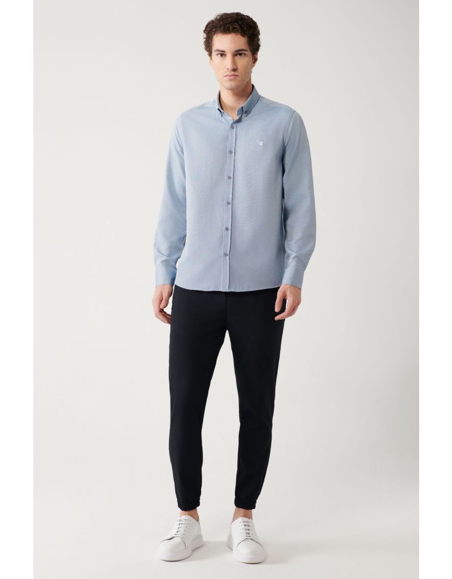 Men's Dark Blue Buttoned Collar Easy Ironable Oxford Cotton Regular Fit Shirt - 4