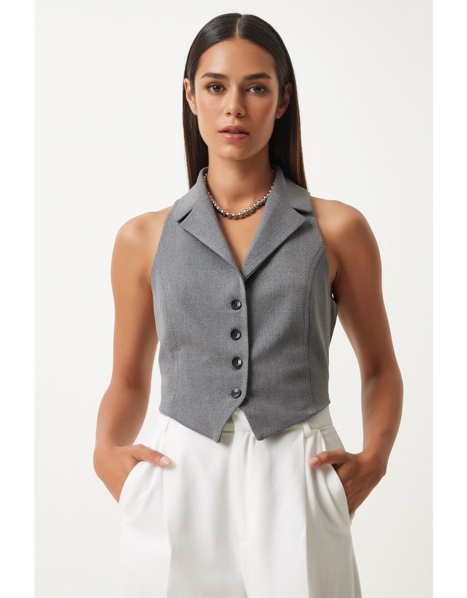 Women's Gray Shawl Collar Woven Vest