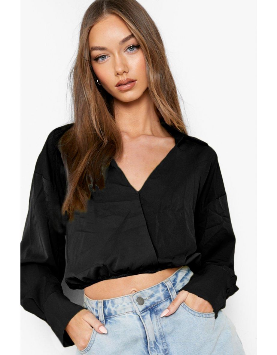 Wrap Front Gathered Waist Shirt - black - 3