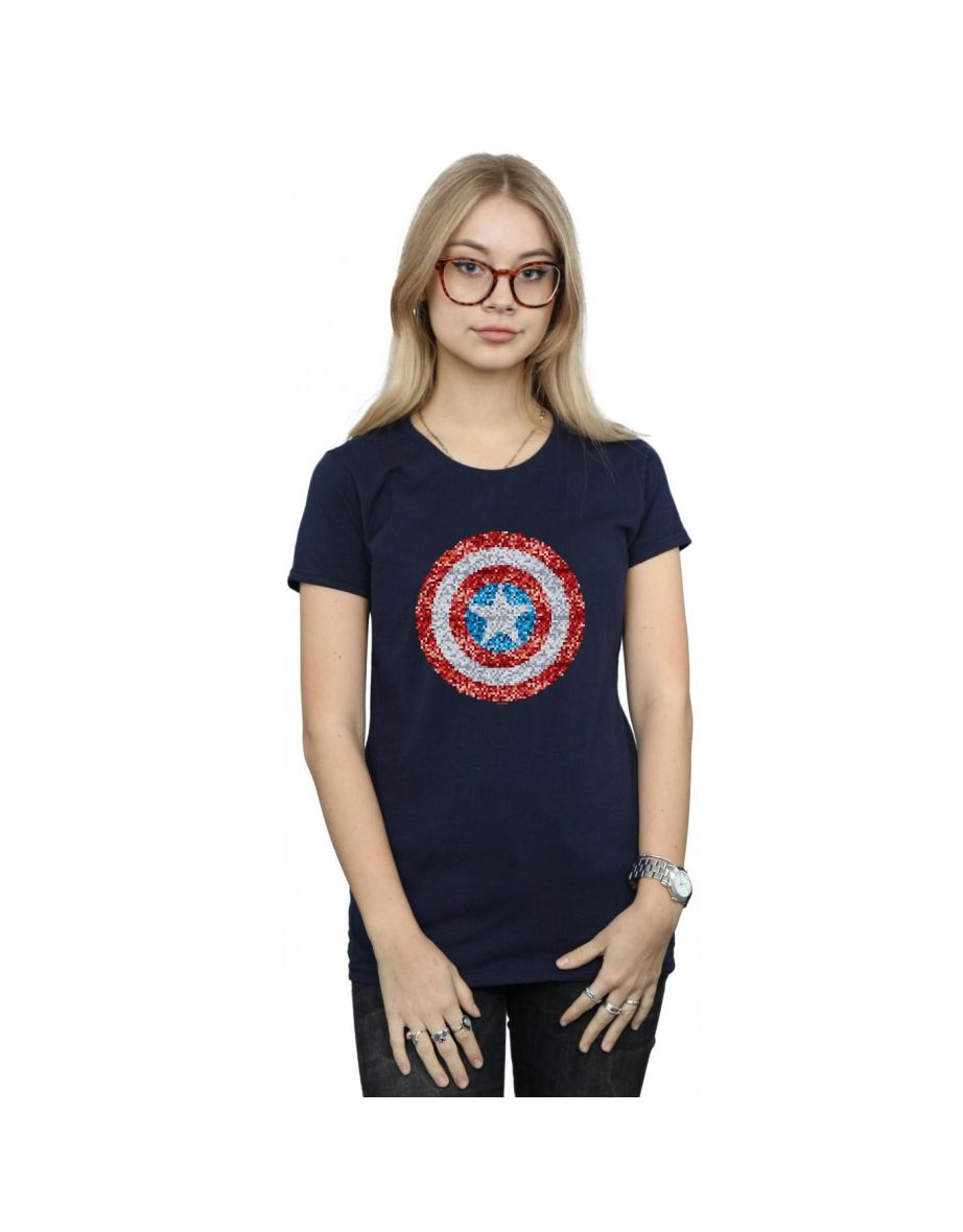 Marvel Womens/Ladies Captain America Pixelated Shield Cotton T-Shirt - Navy Blue