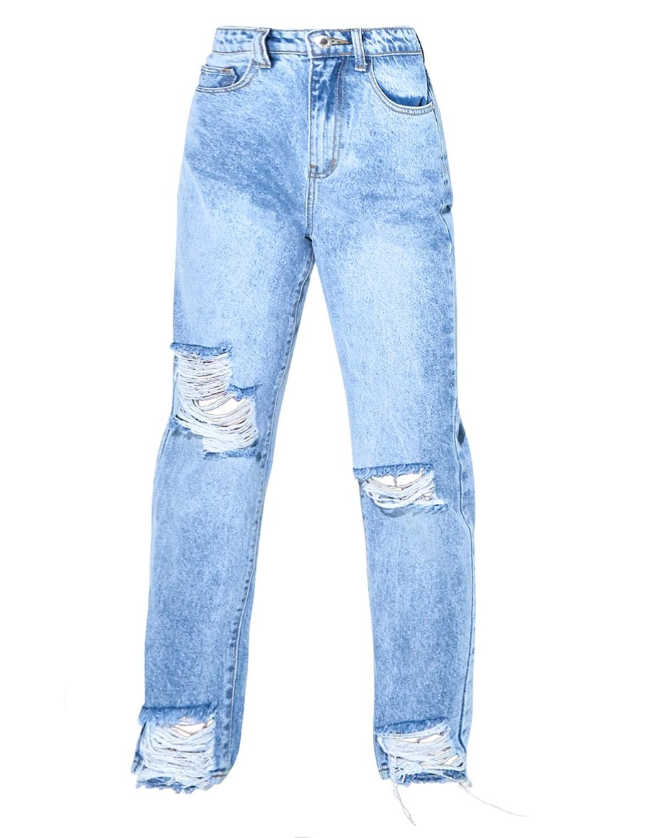 PRETTYLITTLETHING Light Blue Wash Extreme Distressed Hem Knee Rip Mom Jean - 3