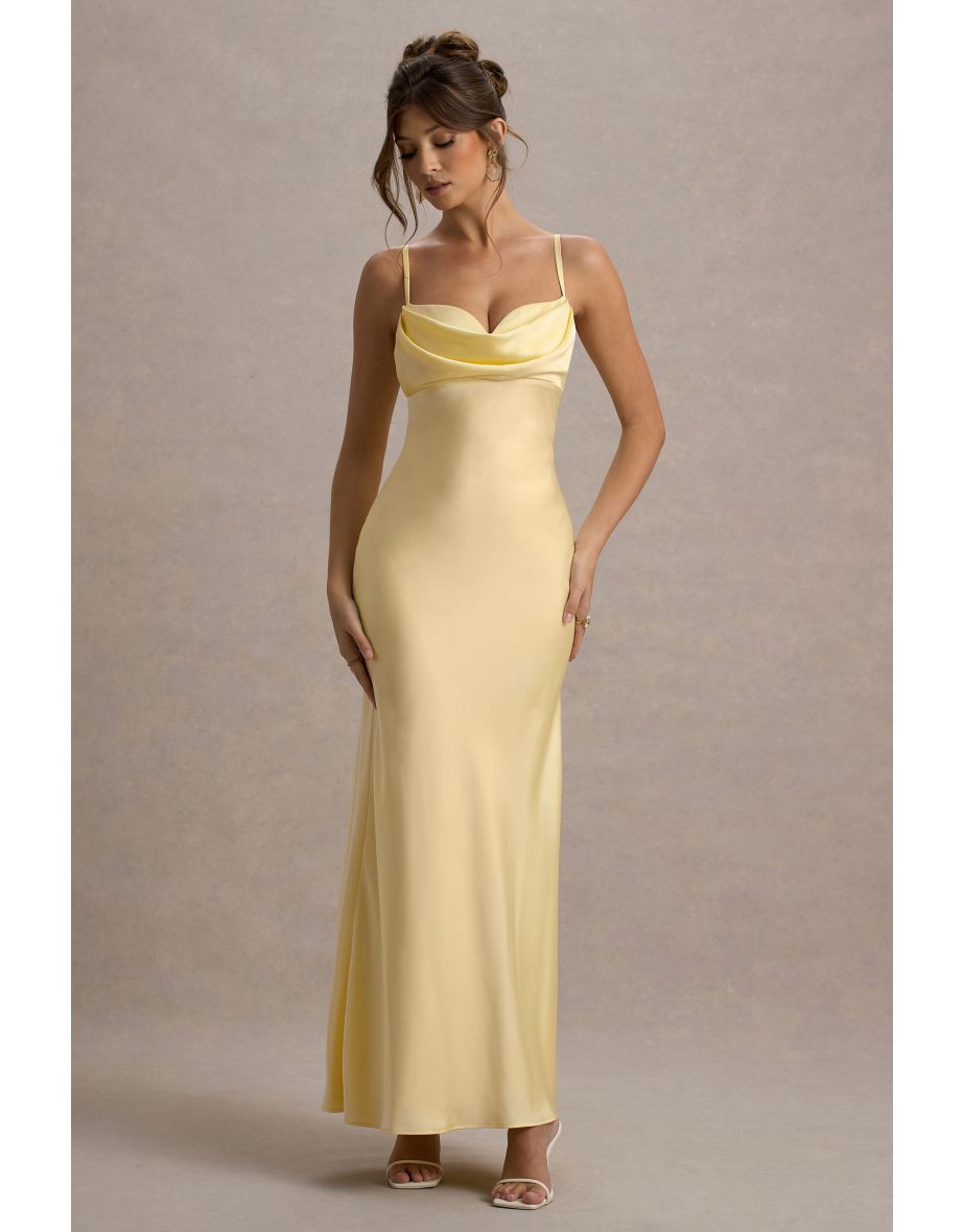Eimear | Lemon Satin Draped Sweetheart Maxi Dress