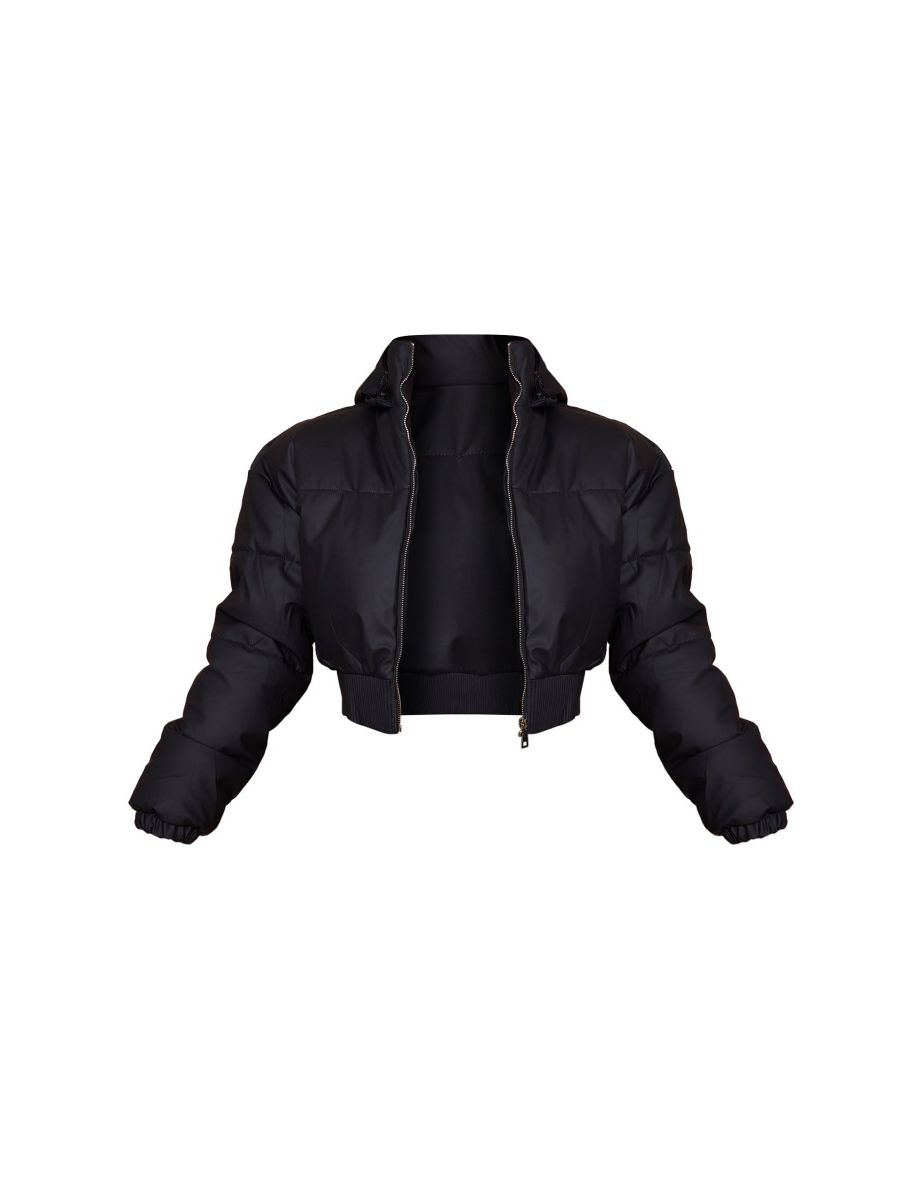 Black Ribbed Hem Detachable Hood Cropped Puffer Jacket - 4