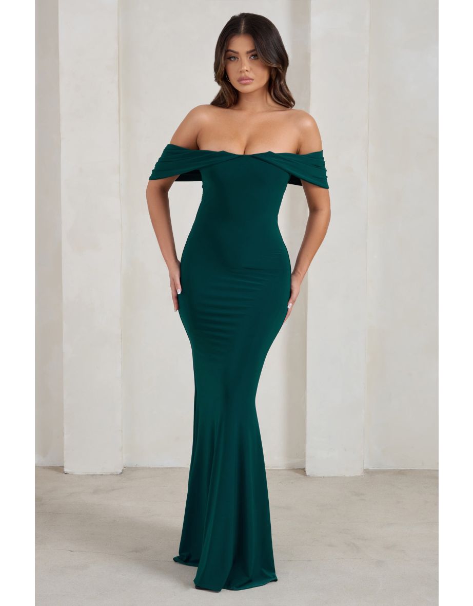 Gabrielle | Green Bardot Neckline With Drape Sleeves Maxi Dress - 5