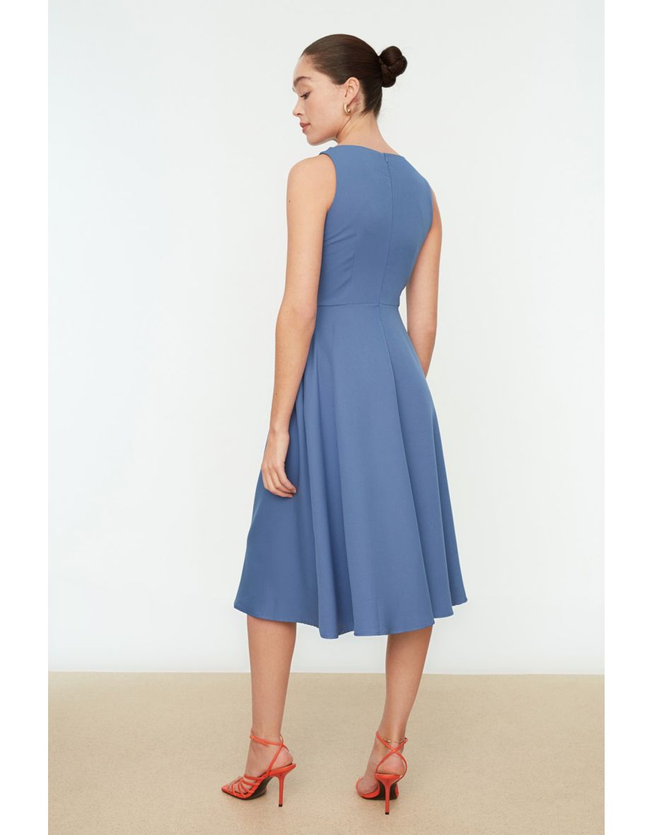 Navy Pleated A-Line Midi Evening Dress - 4