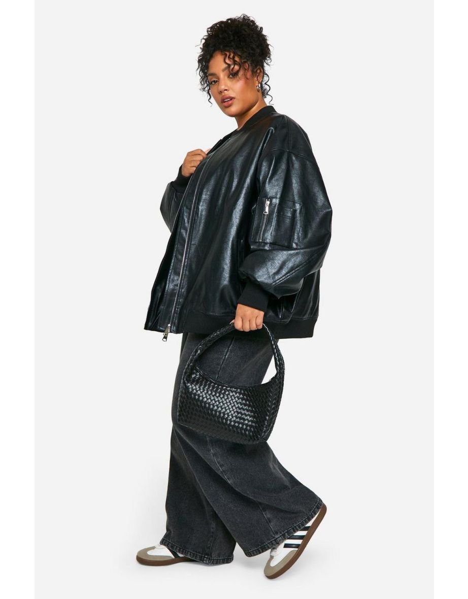Plus Cracked Faux Leather Oversized Bomber Jacket - black