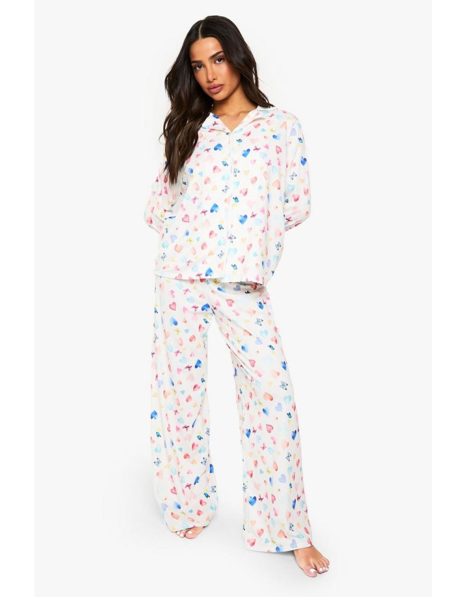 Petite Heart Shirt and Trouser Pyjama Set - cream