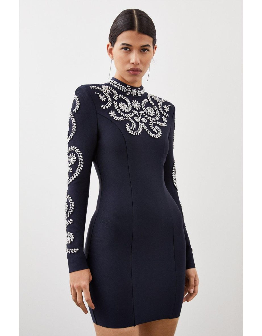 Shop Navy Beaded Column Mini Shift Dress with Long Sleeve Online in Qatar VogaCloset