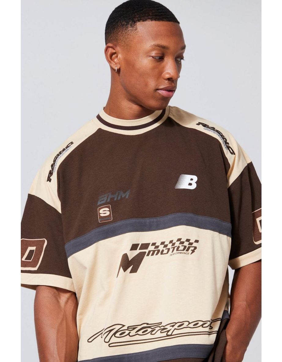 Oversized  Panelled Motor Sport T-shirt - chocolate - 2