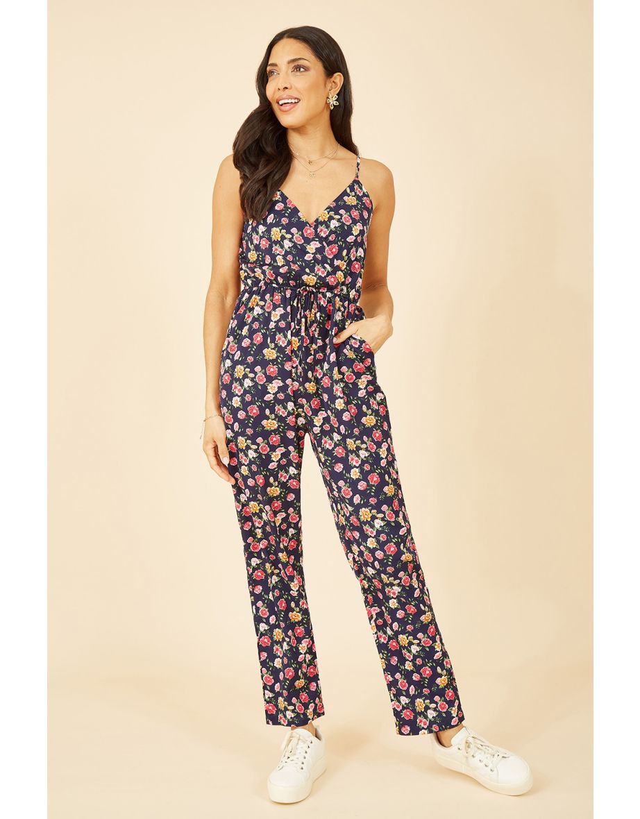 Mela Navy Floral Print Wrap Over Strappy Jumpsuit